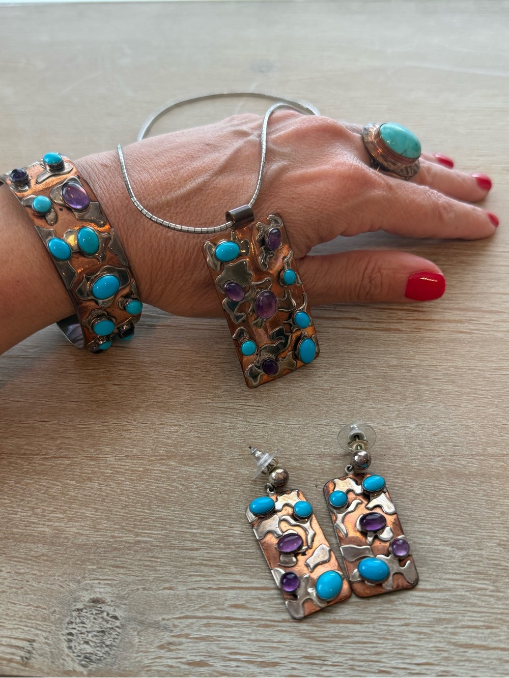 VTG Jay King DTR Turquoise Amethyst Copper Sterling Silver 5 Piece Set Rare